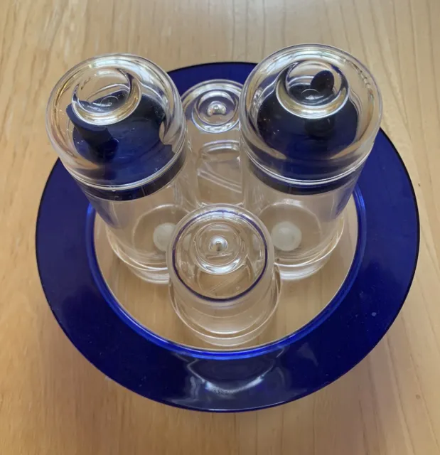 Guzzini Italy Blue Acrylic Condiment Set Oil Vinegar Salt Pepper On Tray