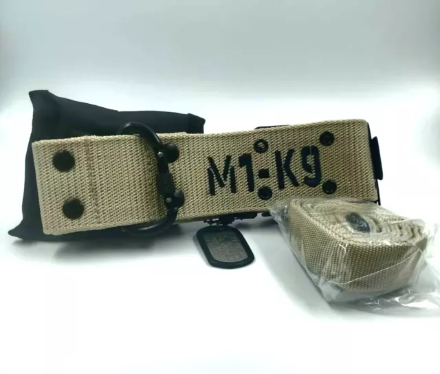 M1-K9 Military Dog Collar Adjustable 16"-22" Inches Desert Tan with Leash & Tag