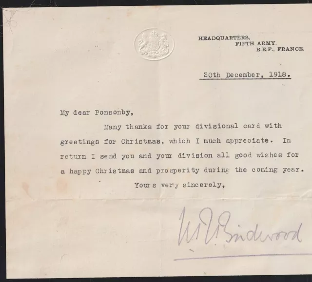 1918 WWI HQ, 5th ARMY, GENERAL William R. Birdwood to General John Ponsonby