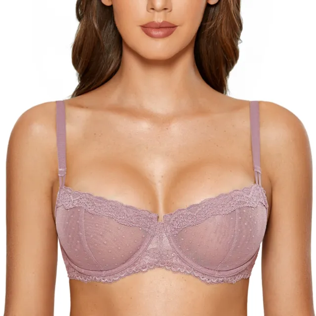 DOBREVA Women's Balconette Bra Sexy Lace Unlined Underwire See Through Sheer