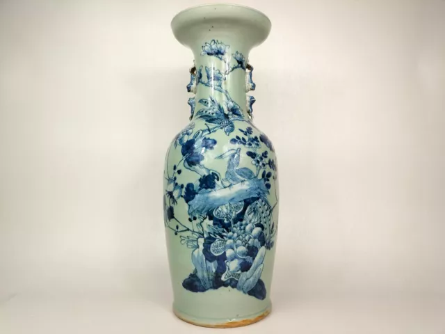 Large antique 19th century Chinese celadon vase with birds and flowers