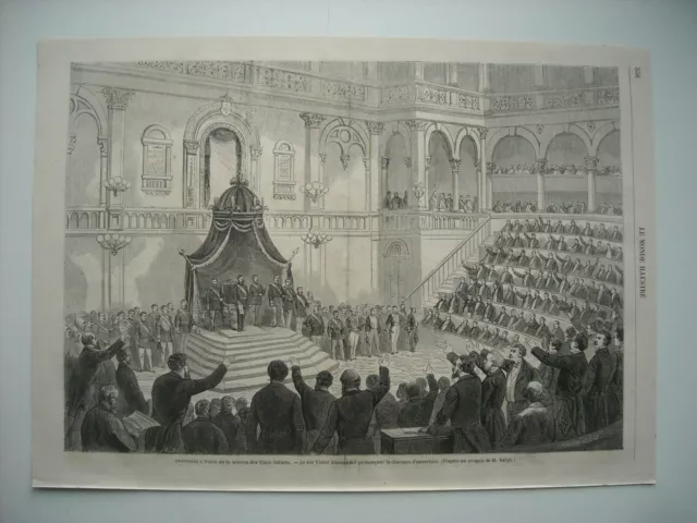 Gravure 1863. Ouverture A Turin Session Des Etats Italiens. Roi Victor-Emmanuel.