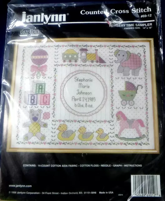 NIP janlynn Counted Cross Stitch NURSERY TIME SAMPLER Kit Baby Personal 14"x12"