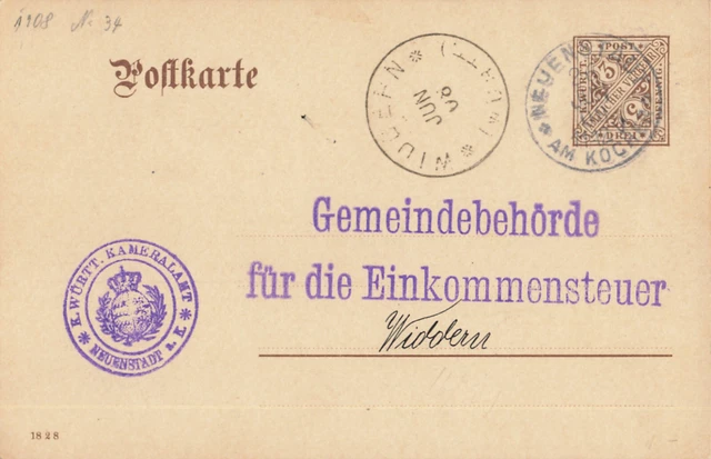 Ganzsache: WÜRTTEMBERG | Gemeindebehörde für die Einkommensteuer NEUENSTADT 1908