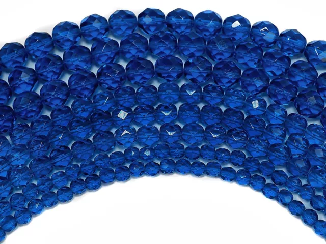 Czech Fire Polished Round Faceted Glass Beads in Capri Blue color 16 inch strand