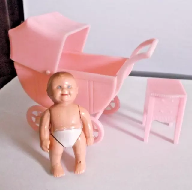 Vintage Renwal Plastic Miniature Doll House Pink Buggy / #8 Baby / Pink Table