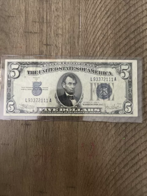 1934 Five Dollar  Silver Certificate $5 Bill Blue Seal Note, 1 Note