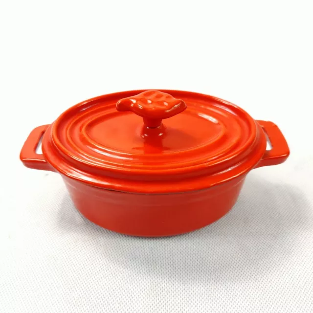 Vintage Mini Small Cast Iron Enamel Oval DUTCH OVEN Red Orange