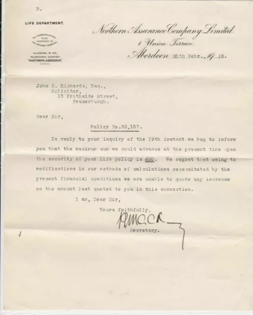 Northern Assurance Co. Ltd Aberdeen1915 Re Advance on Life Policy Letter Rf34196