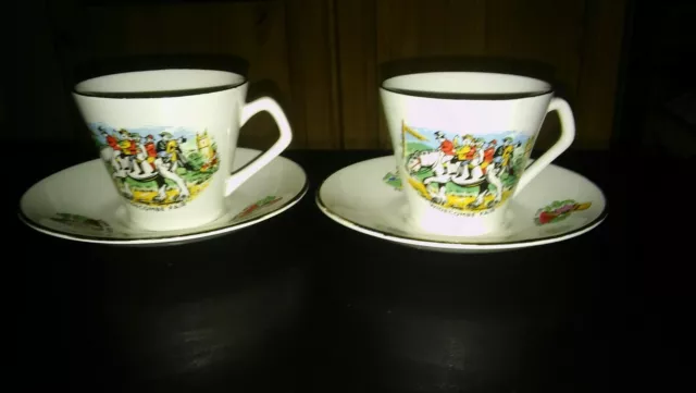 Vintage Lord Nelson Widecombe Fair Tea Cups & Saucers x 2. Hawk, Stewer, Brewer. 3