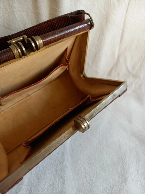 Sac à Main Vintage En Cuir Reptile - Bandoulière Marron - Occasion Très Bon état - Fabriqué En France