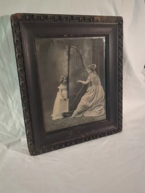 Victorian Eastlake Harp Players Sisters Musical Art Picture