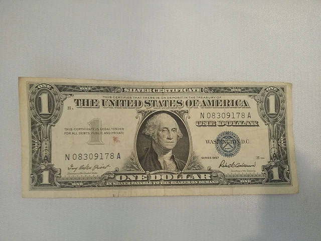 Misalignment error1957 SILVER CERTIFICATE  $1 WASHINGTON BLUE SEAL#08309178