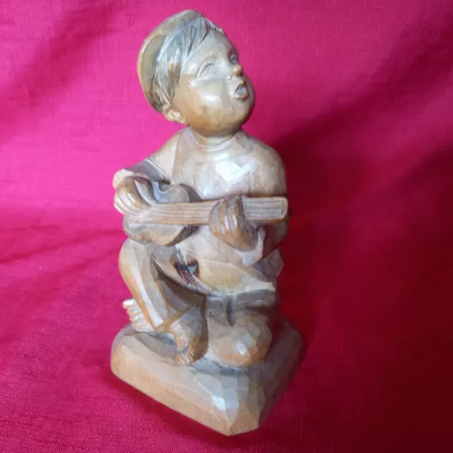 Charming Vintage Wooden Figure, Of A Child Playing A Guitar