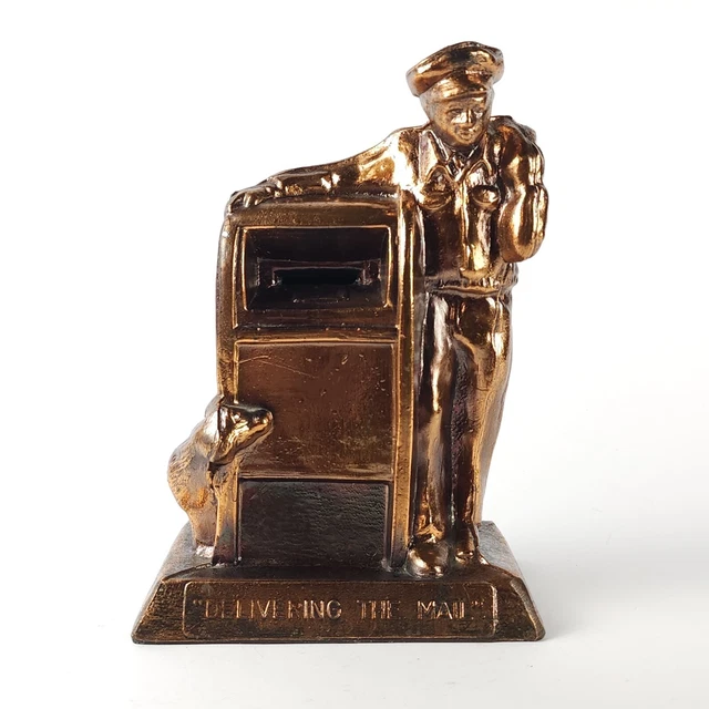 Bronze Copper Tone Metal Delivering Mail Mailman Mailbag Dog USPS Bank Key & Lid
