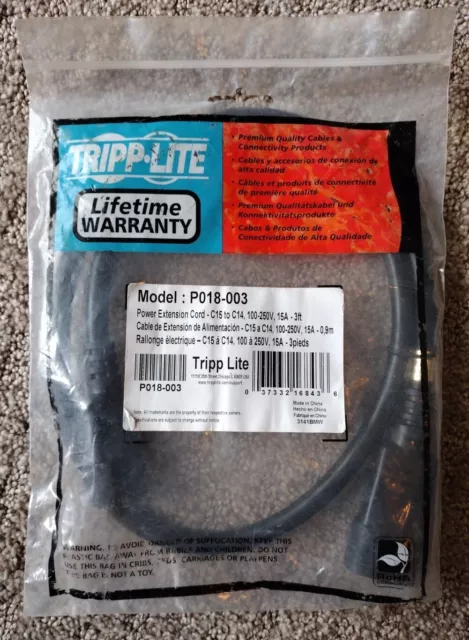 NEW!! Tripp-Lite P018-003 Power Extension Cord - C15 to C14, 100-250V, 15A - 3ft