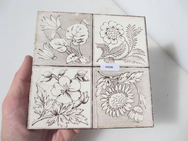 Antique Ceramic Tile Architectural Vintage Flower Floral Leaf Art Nouveau