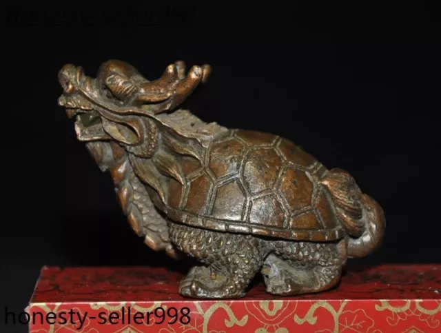 3'' Chinese ancient bronze fengshui lucky dragon turtle Loong tortoise statue