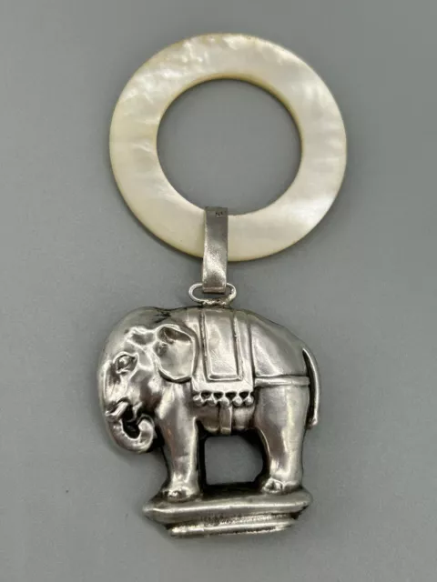 Rare Sterling Silver & Mother of Pearl Handled WEBSTER Baby Rattle Elephant