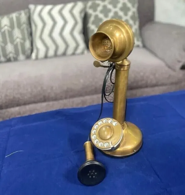Vintage Antique Brass Landline Telephone Rotary Dial Nautical Candlestick Phone