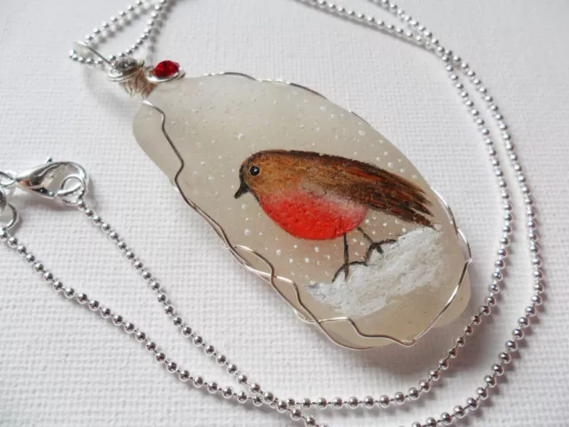 Christmas robin bird - Hand painted Sea glass necklace - 18 inch silver chain
