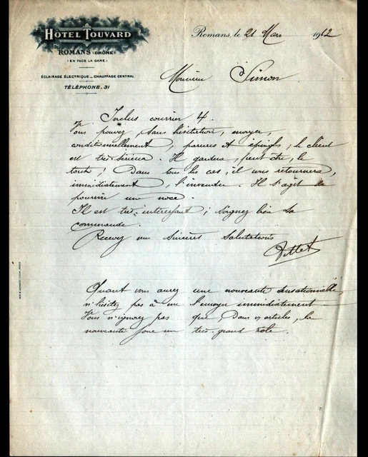 ROMANS-SUR-ISERE (26) HOTEL TOUVARD / Lettre en 1912