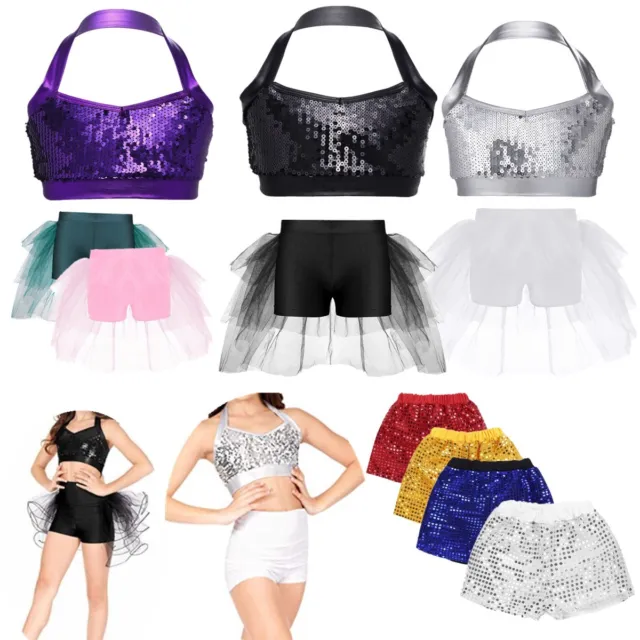Kids Girls Glittery Sequin Halter Jazz Crop Tops Mesh Shorts Dance Stage Costume