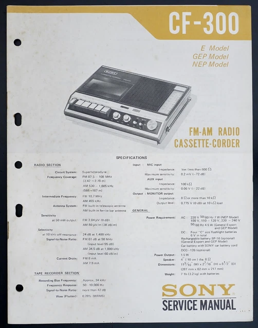 ORIGINAL SONY CF300 Radio CassetteCorder ServiceManual/Diagram/Parts