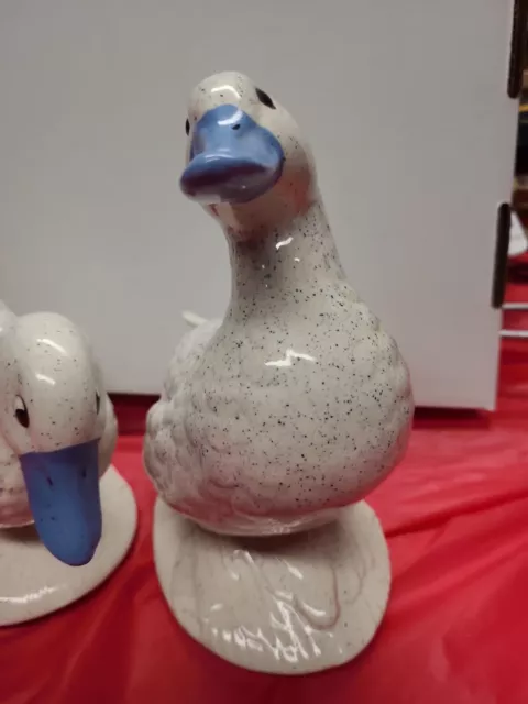 Pair Creamic Ducks White With  Blue  Speck Glaze Country Decor 2