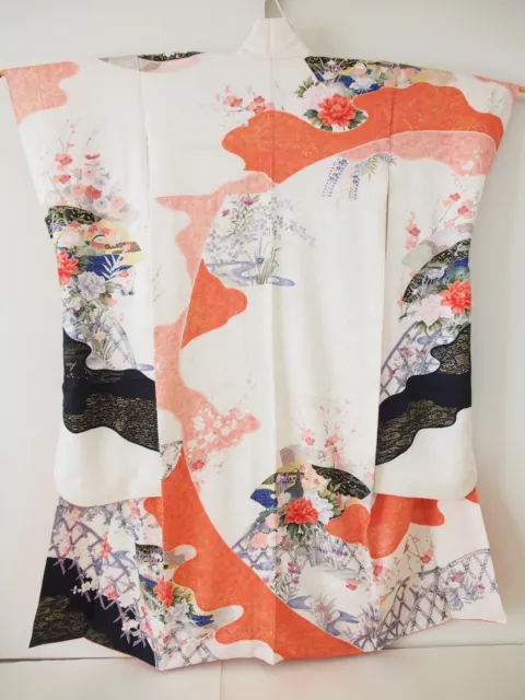 Vintage Japanese Silk Kimono FURISODE, Peacock, Ume, Bird, White K643