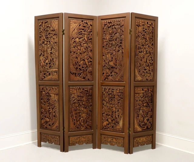Mid 20th Century Balinese Carved Teak Folding Room Divider Screen