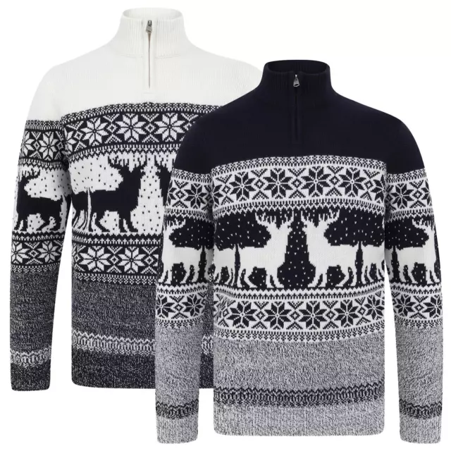 Mens Traditional Christmas Jumper Icelandic Fairisle Reindeer Snowflake Zip Neck