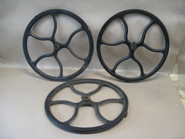 Antique 3 Singer Treadle Sewing Machine Base Belt Pulleys Flywheels