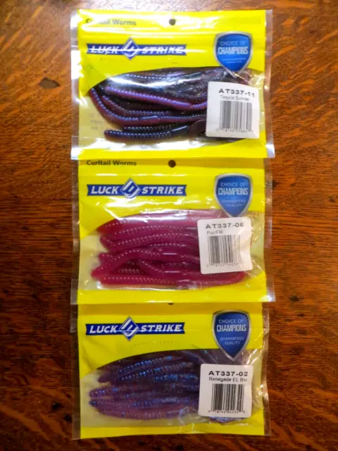 3 PACKAGES LUCK-E-STRIKE 6 Curl Tail Worm - 3 Colors - Bass