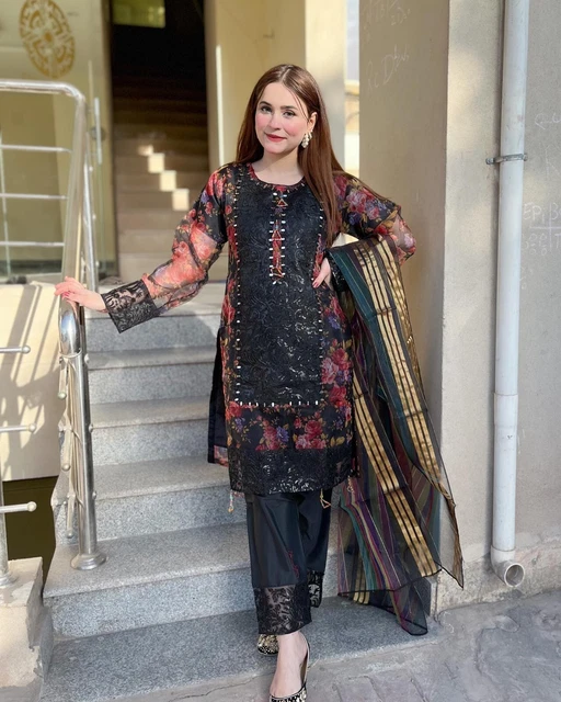 Abito Da Festa Organza Abbellito Donna Asiatica Cucito Floreale Salwar Kameez