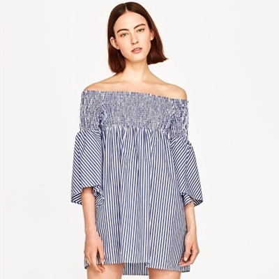 ZARA WOMAN PREMIUM Off Shoulder Striped Mini Dress Size S (Estimated)