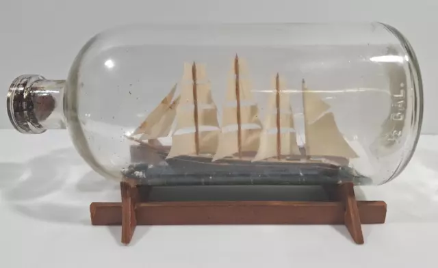 Vintage Ship in a Bottle 10" Handmade Quadruple Sail Mast 1/2 Gal w/ Wooden Base