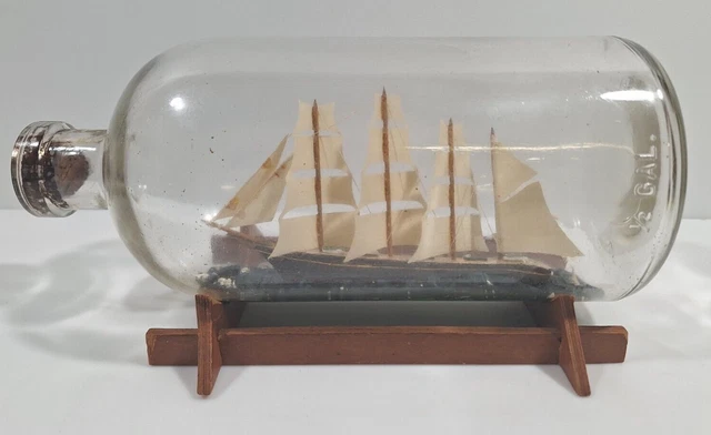 Vintage Ship in a Bottle 10" Handmade Quadruple Sail Mast 1/2 Gal w/ Wooden Base