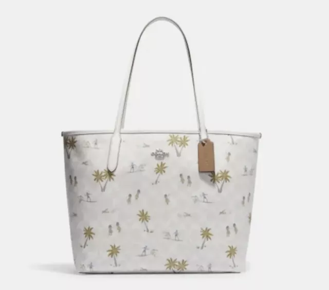 NWT Coach CJ601 City Tote In Signature Canvas With Hula Print Smooth Leather$428