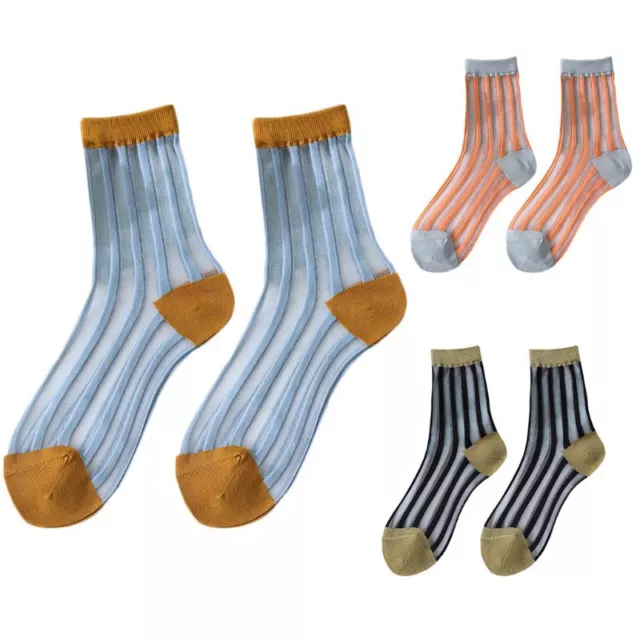 Women Ultra-Thin Glass Fiber Ankle Socks Contrast Color Vertical Stripes Hosiery