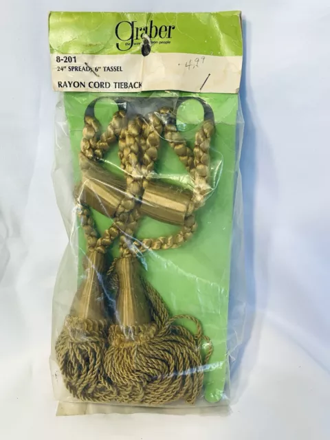 Curtain Tie Backs Braided Drapery Cords 2 Pair 6” Tassels 24” Spread Gold Rayon