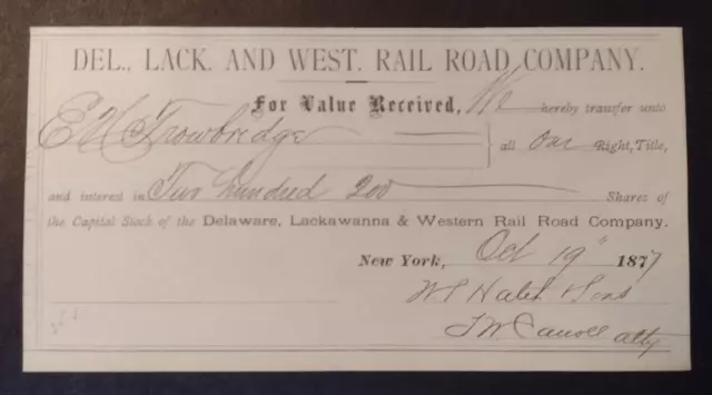 1877 Delaware Lackawanna Western Railroad Capitol Stock Transfer Certificate