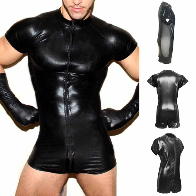 Comodo Pagliaccetto Uomo Rete Nera pelle Lucida Sexy T-Shirt Pantaloncini Da