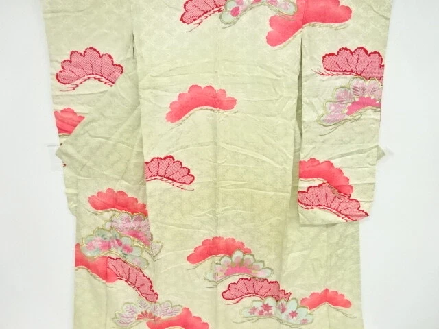 80185# Japanese Kimono / Antique Furisode / Embroidery / Pine With Floral Plants