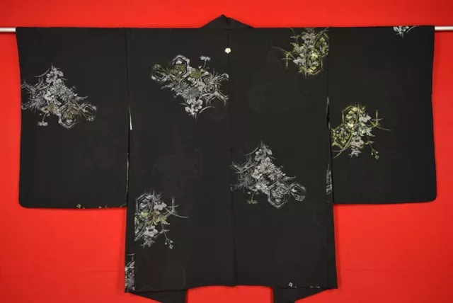 Vintage Japanese Kimono Silk Antique Black HAORI Kusakizome Woven/S6H8/610