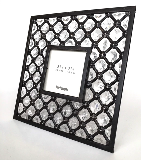 Pier One 1 Black Metal Acrylic Crystal Picture Frame 3x3" Open Work Silver Wire
