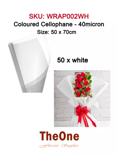 50 sheets x White Cellophane 50 x 70cm - 40 micron Florist Flower Wrapping