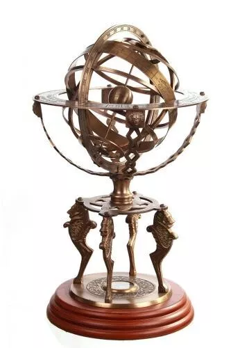 Laiton Antique 18 " Armillaire Globe Sphere Gravé Avec Boussole Sur en Bois Base
