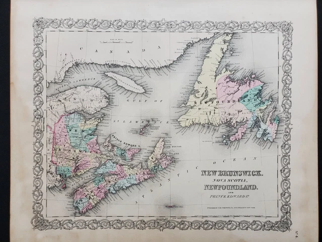 1855 Colton Map Eastern Canada Nova Scotia - 100% Genuine Antique