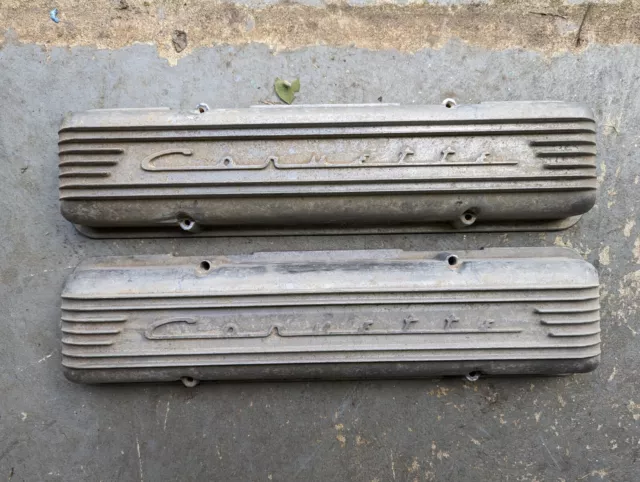 1956-1957 Corvette 7-Fin Low Script Aluminum Valve Covers Staggered Bolt 3726086